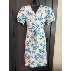 Draper James Floral Linen Wrap Dress Womens 12 White Blue Excellent Puff Sleeve